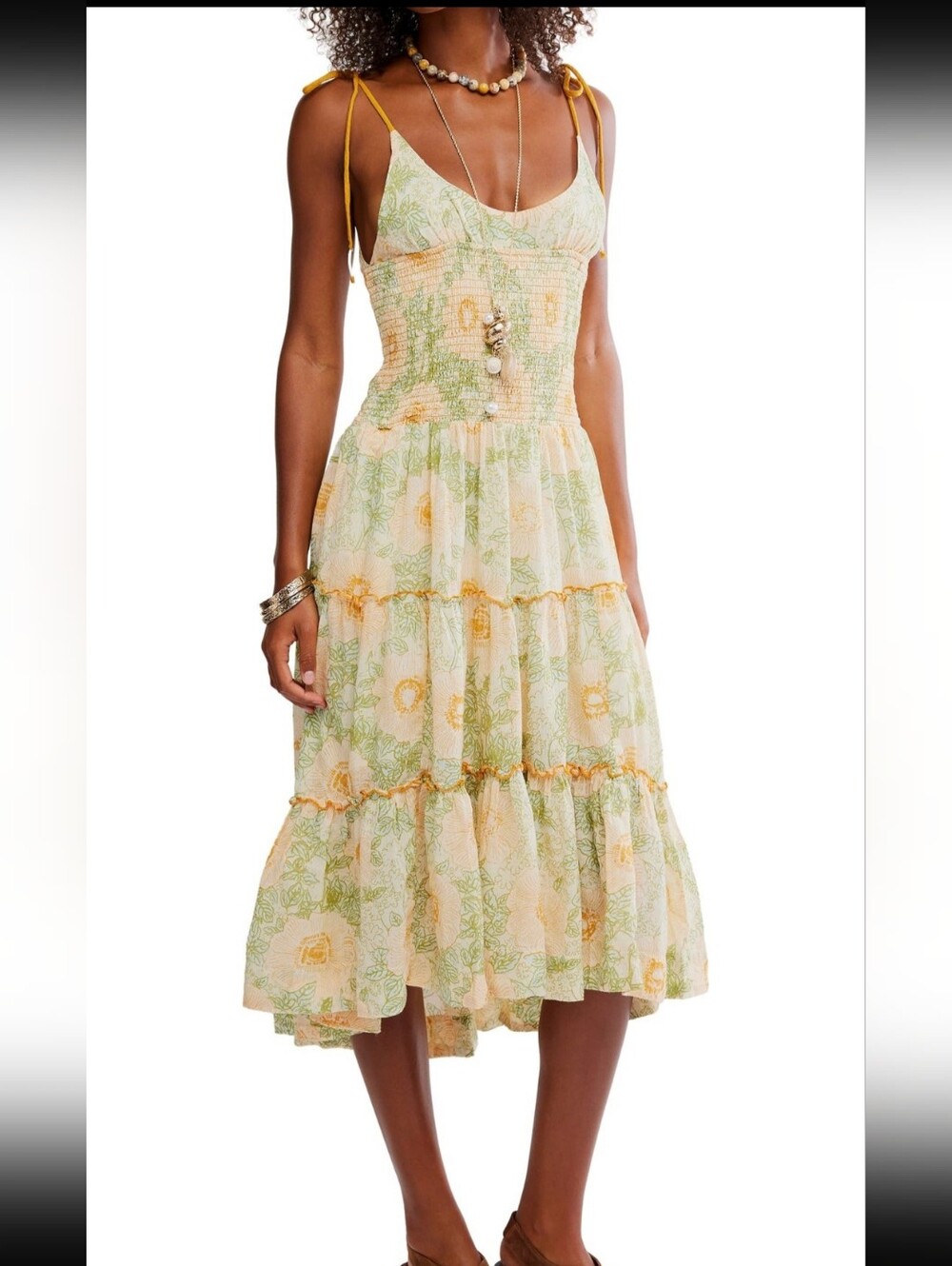 Free People Adriel Tie Straped Midi Dress in Cream and Green